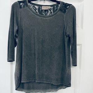 distressed raw cut hems Back inset Lace yoke 3/4 sleeve Grey Olive drab soft tee